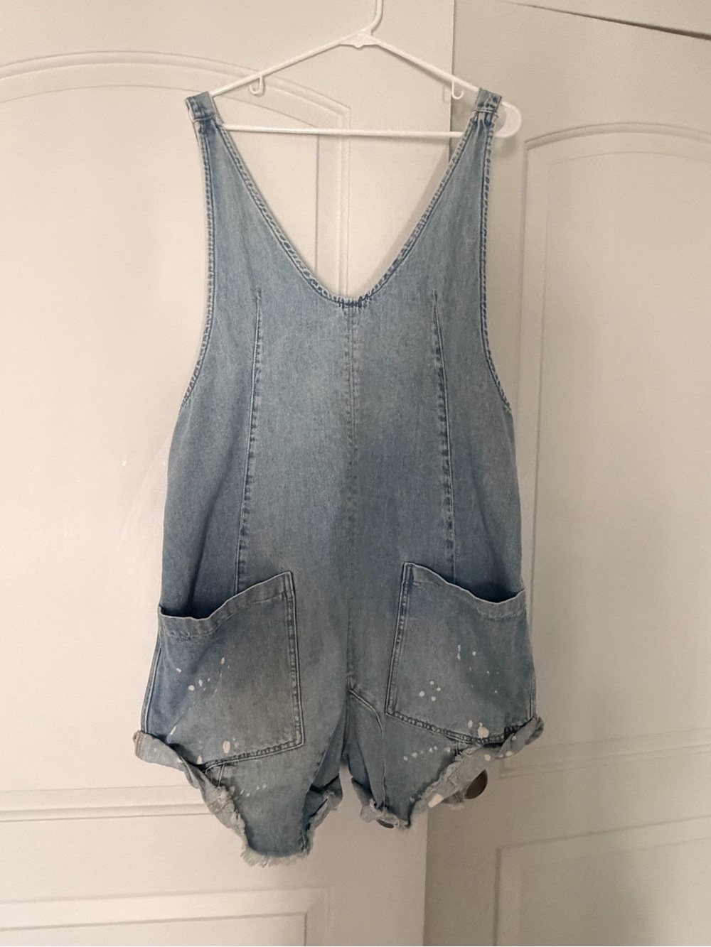 Free People Light Wash Denim Short Overalls